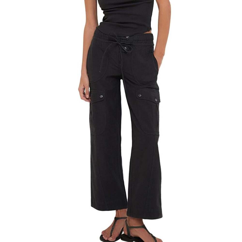 Free People Women L Park Ave Pants Cargo Pockets Black Wide Leg Relaxed Fit Boho